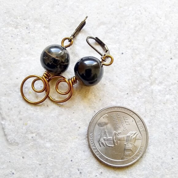 Black & Brown Stone Beads w. Bronze Wire Wrap Elements + Leverback Earrings - Picture 4 of 7